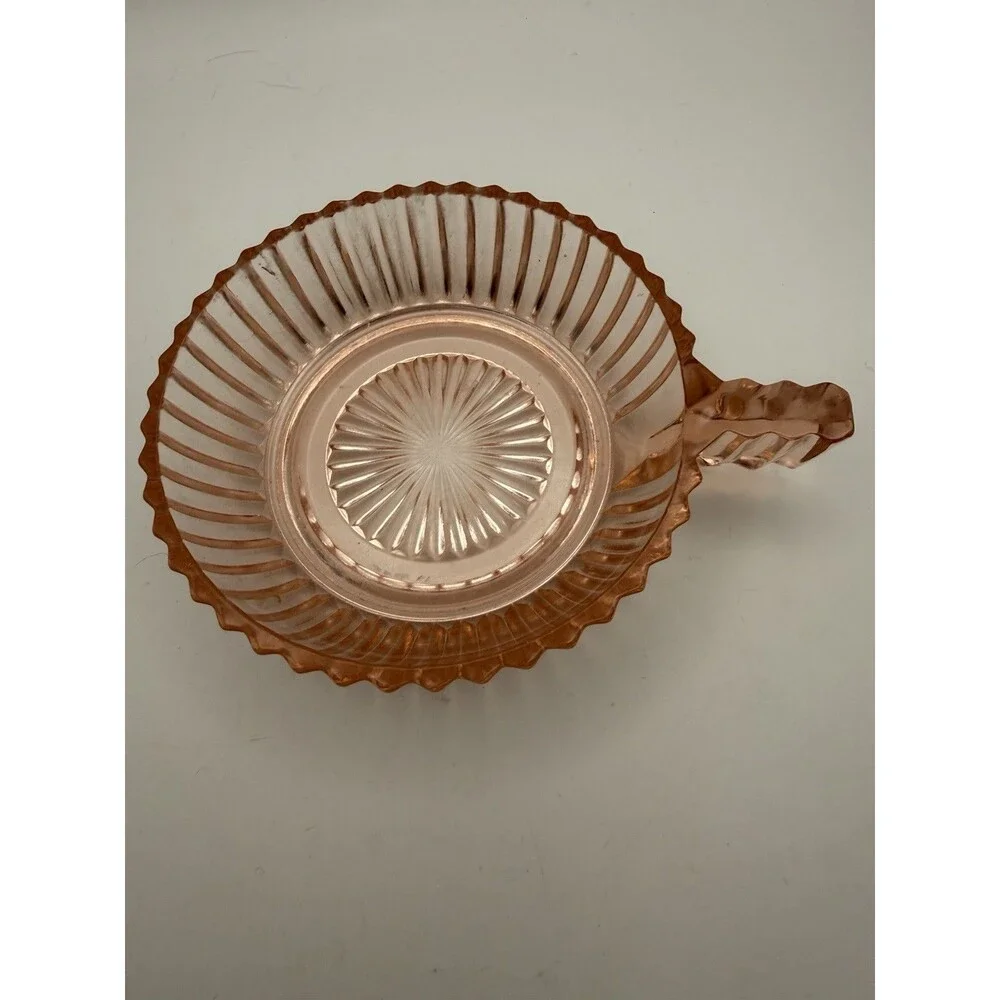 Vintage Pink Depression Glass Dessert Bowl with Handle Ribbed Scalloped 4”